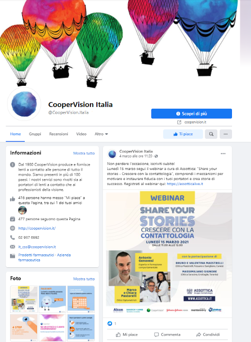 CooperVision Italia sbarca su Facebook con una pagina aperta e un gruppo chiuso per i professionisti.